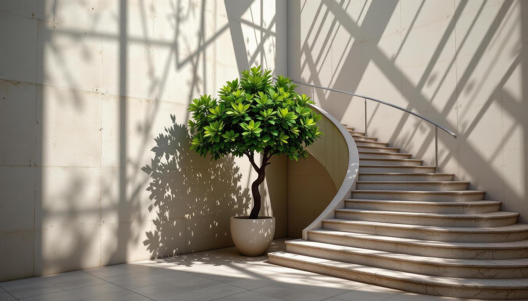 a dramatic stairway corner featuring a large ornamental tree and shadows, completely empty. photo