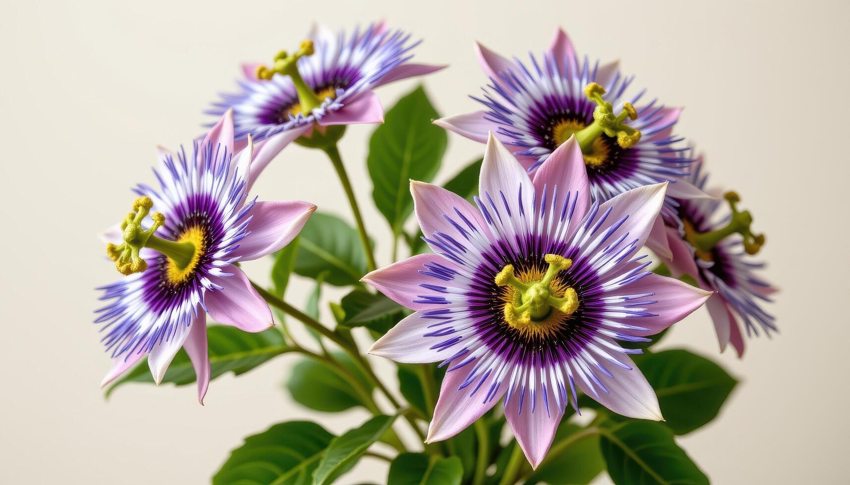 close up view of star shaped passionflowers in vivid purple and white against a clean ivory backdrop. photo