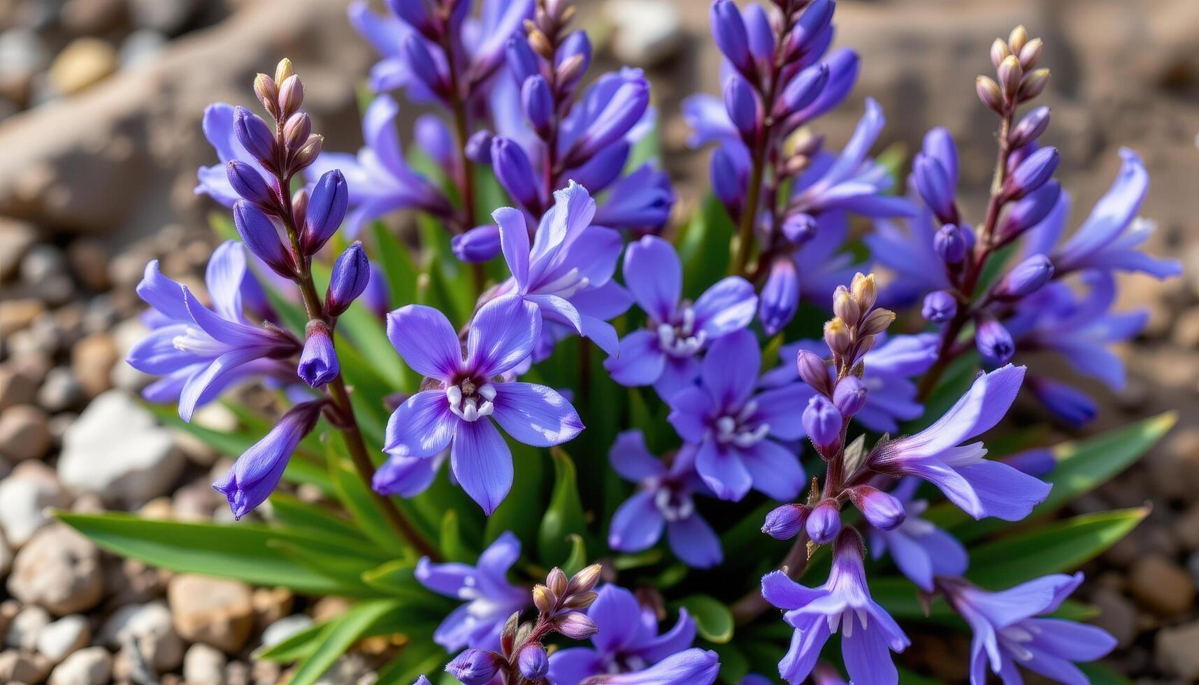 close up view of rich blue gentians with tubular petals blooming tightly on a neutral background. photo