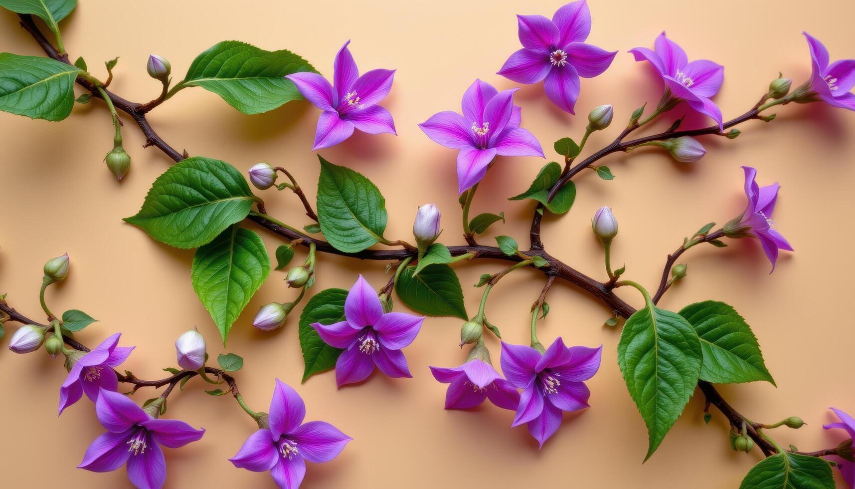close up view of passionflower vines forming star like shapes in vivid tones on a gentle tan background. photo