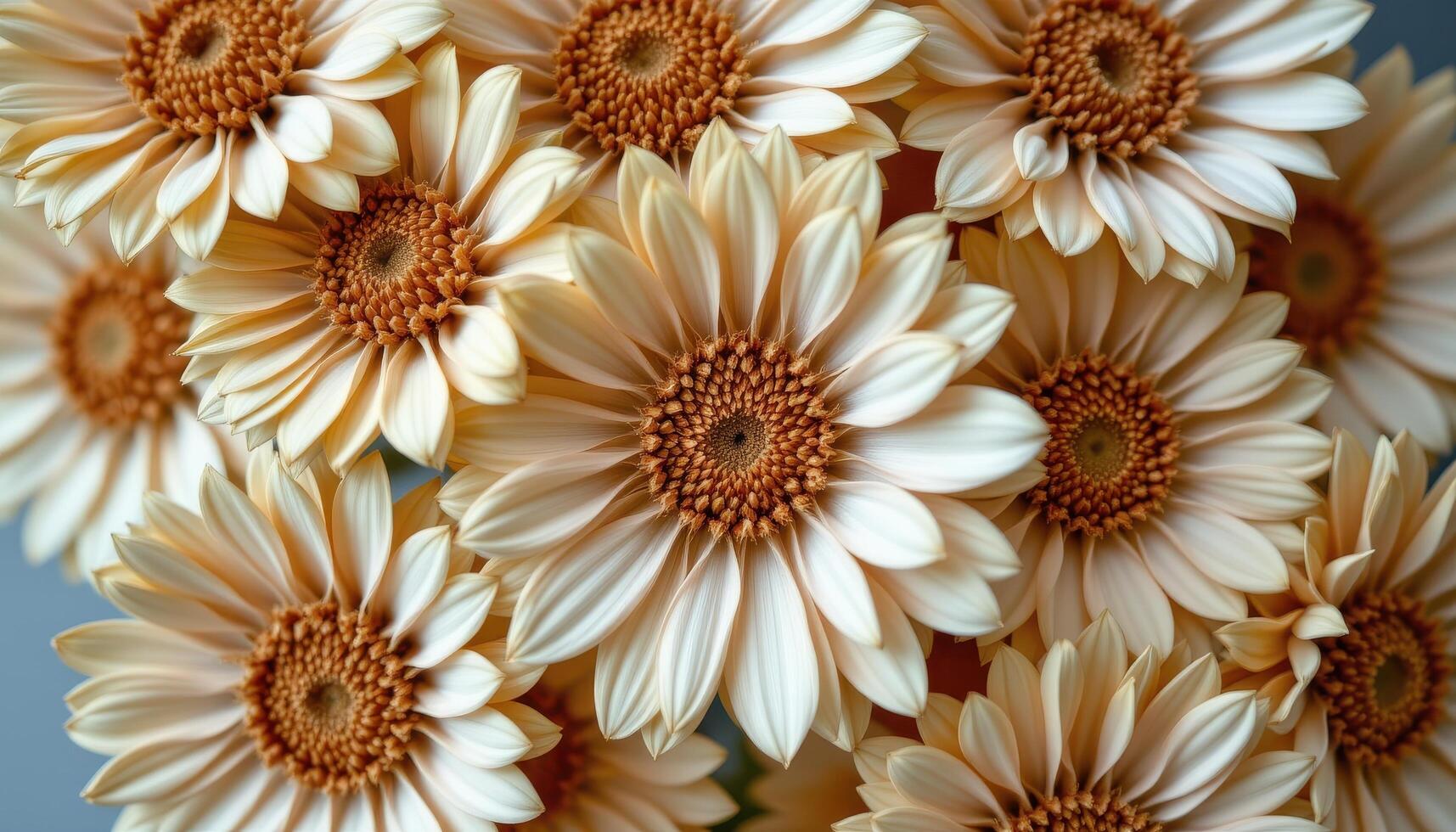 close up view of strawflowers with papery layers forming neat circles on a muted background. photo