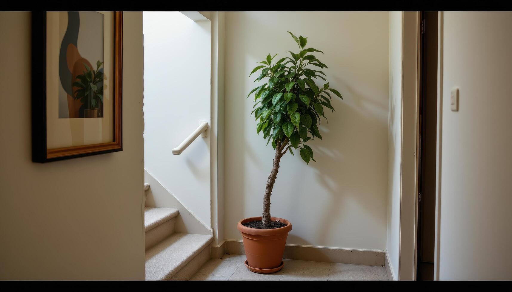 a quiet stairwell corner with a large rubber tree in a clay pot, unoccupied. photo