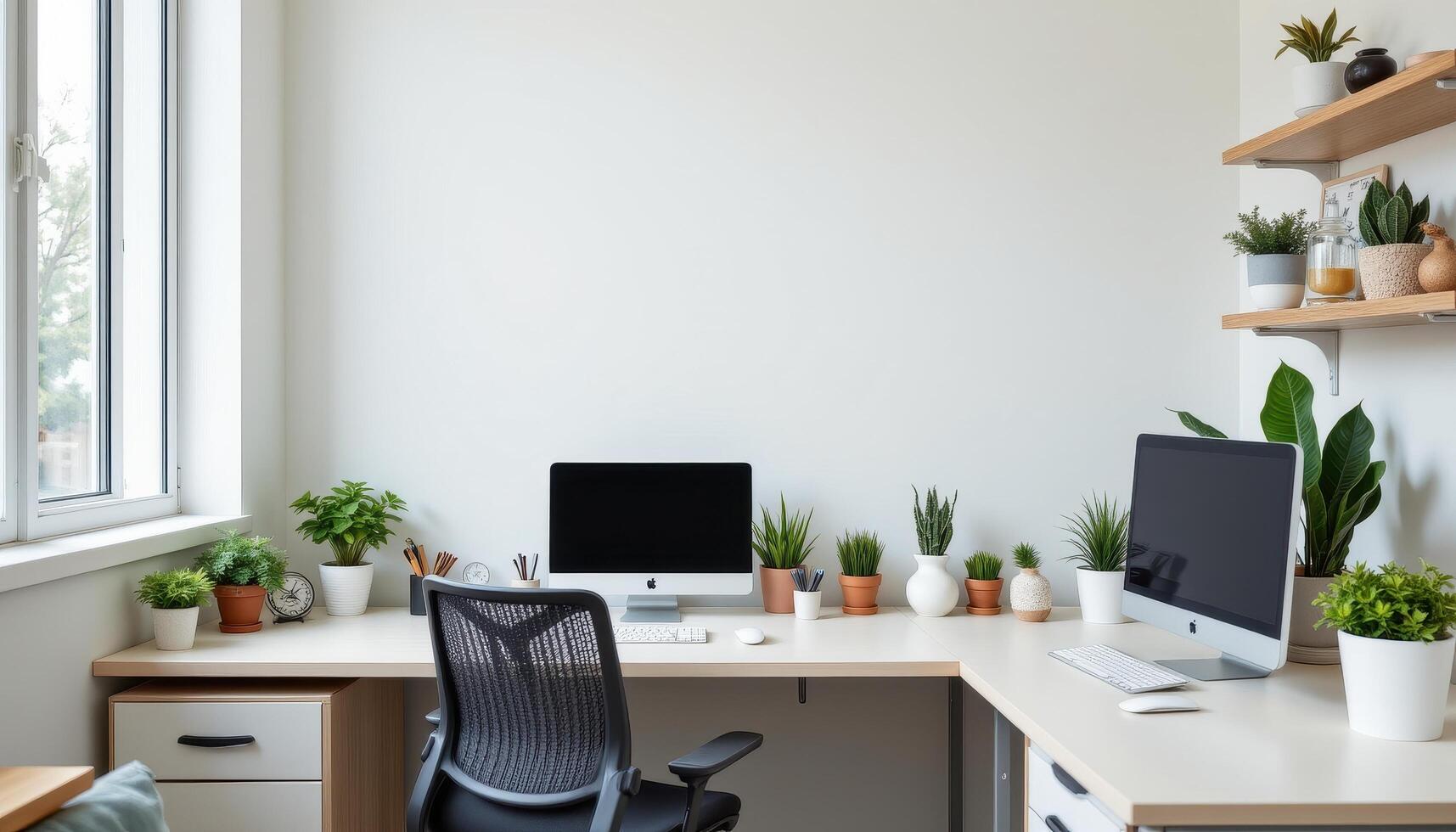 a compact office space decorated with desk plants, cactus arrangements, and quiet minimalism, empty of life. photo
