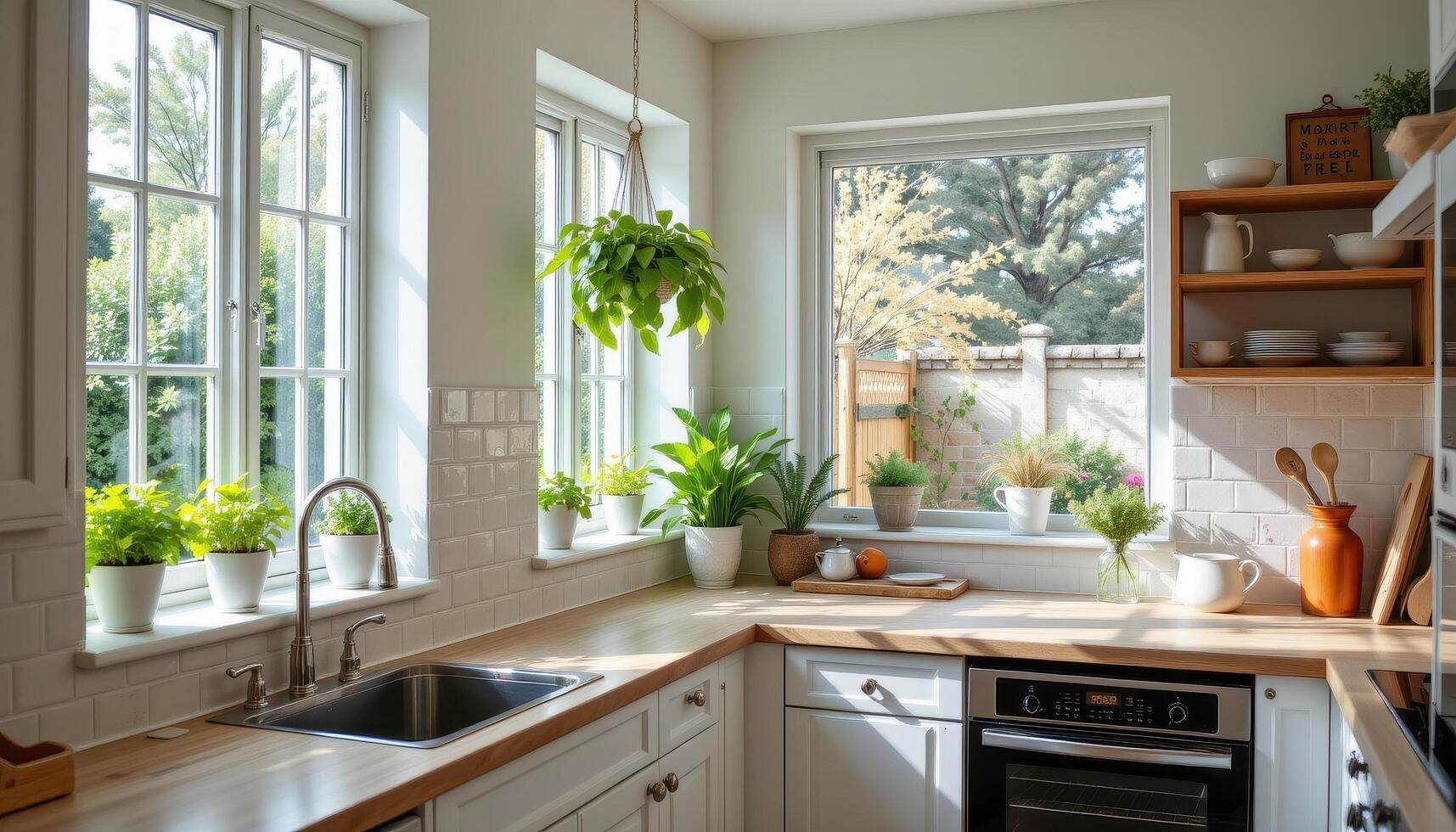 a bright kitchen with hanging herb planters and decorative vases of greens along the windows, completely unoccupied. photo