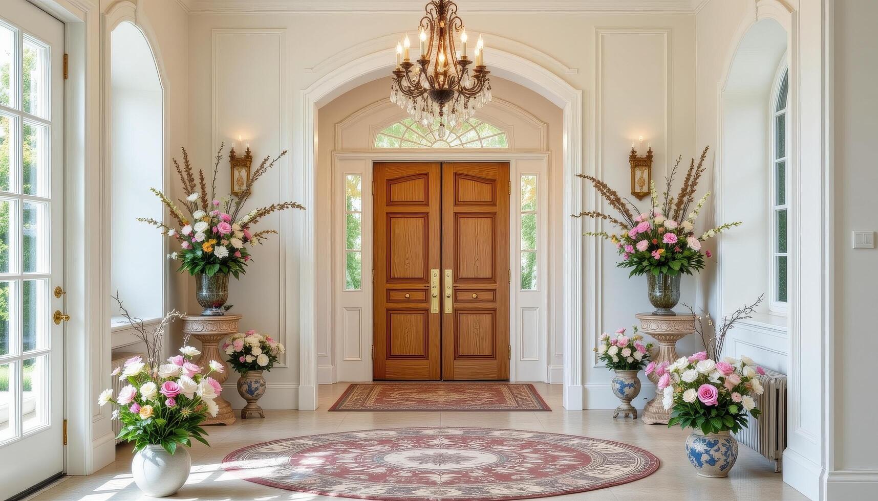 a decorative entryway with pastel colored flower arrangements in symmetrical layout, with bright light and total stillness. photo