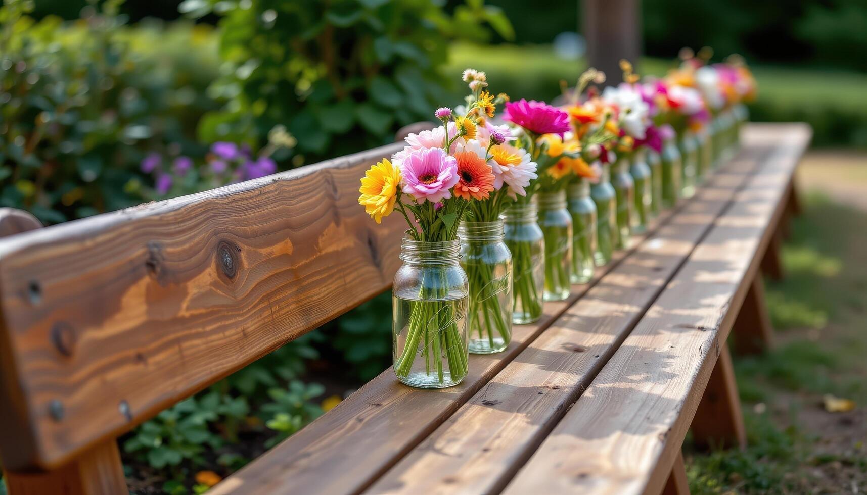 a long wooden bench with mason jars of decorative fresh cut flowers lined in a perfect row, untouched. photo