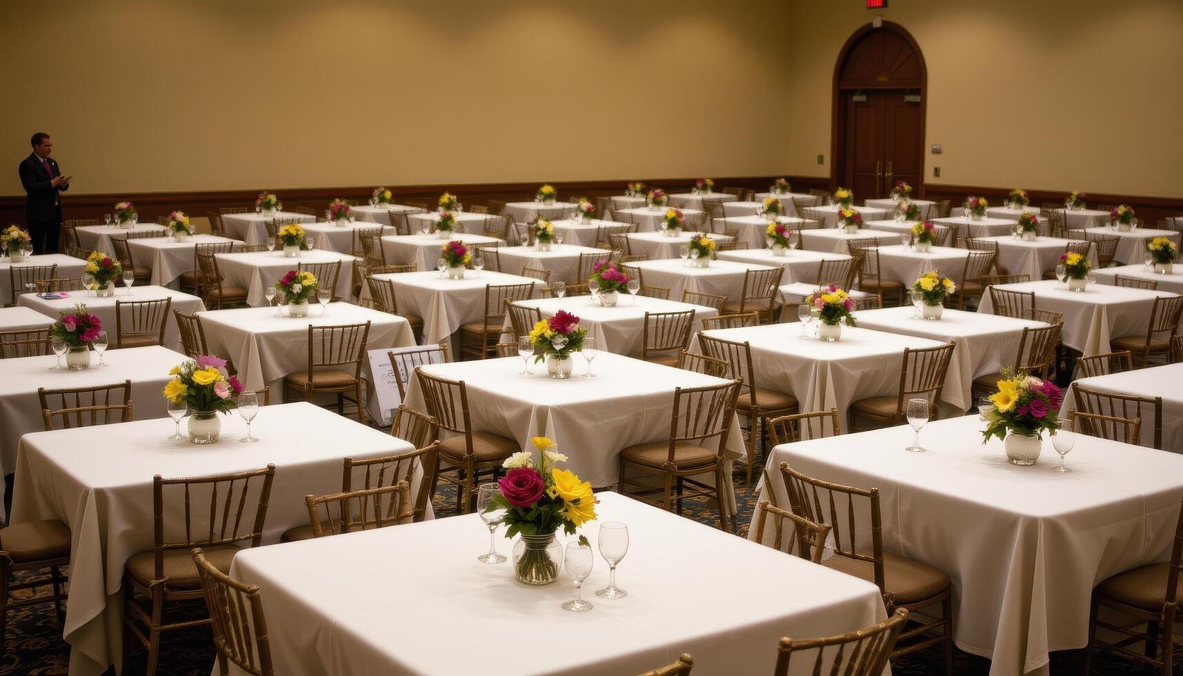 a neat grid of square tables each with matching flower vases in a quiet event space, perfectly aligned. photo