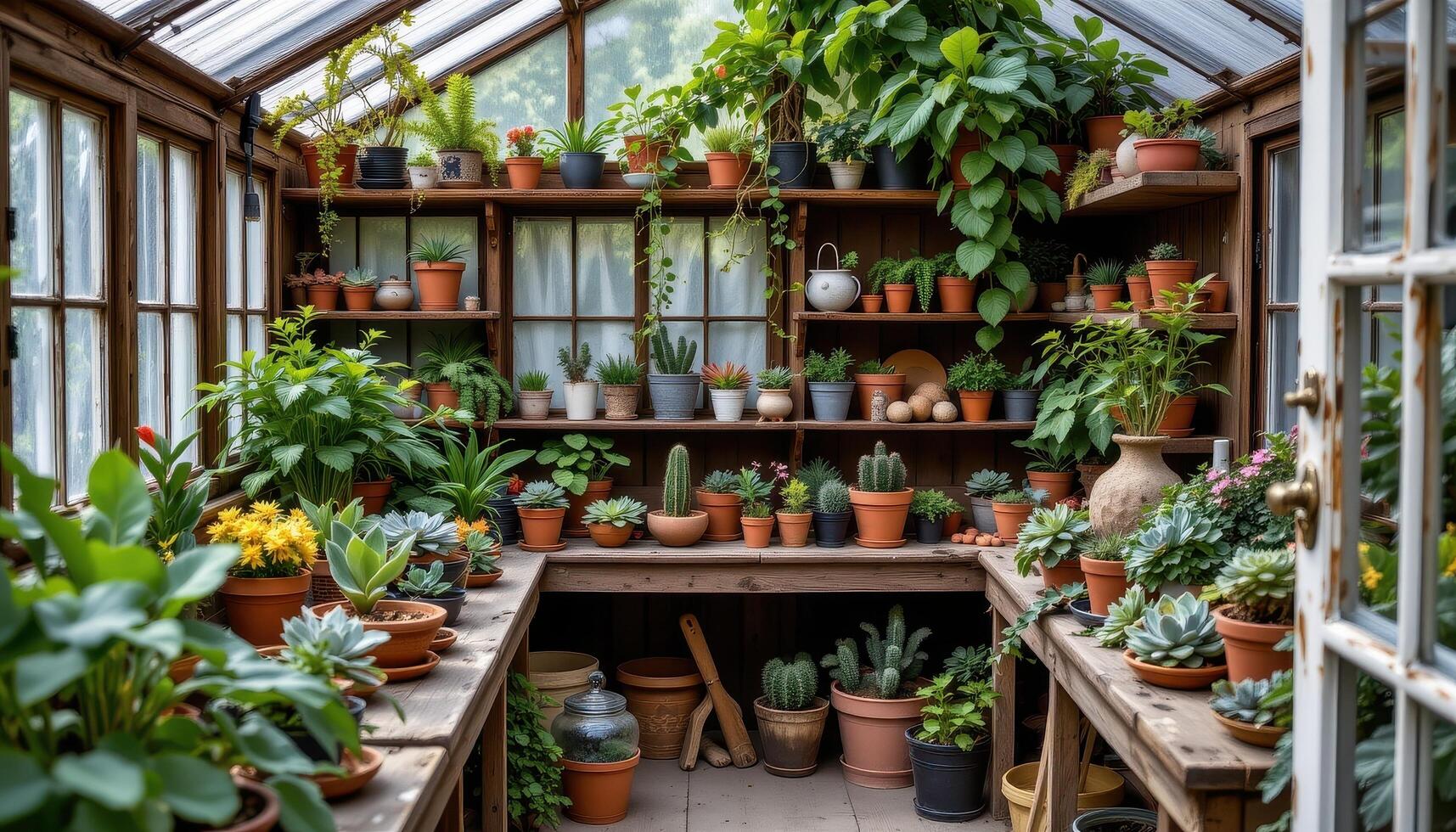 a quaint greenhouse with aged wooden shelves filled with succulents, cacti, and ferns, in peaceful solitude. photo