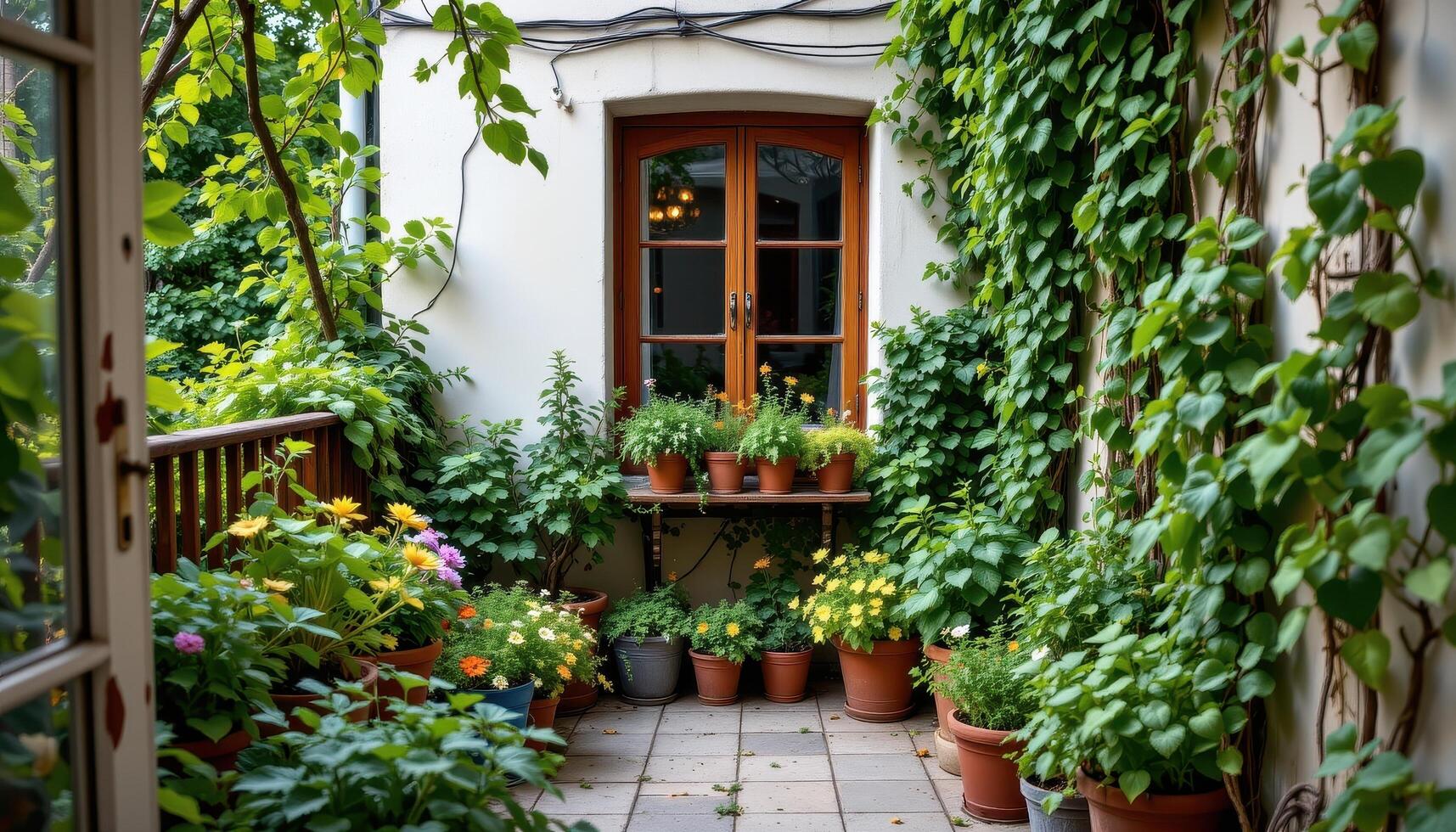 a tiny balcony filled with dense potted herbs and vertical vine walls, without signs of any life. photo