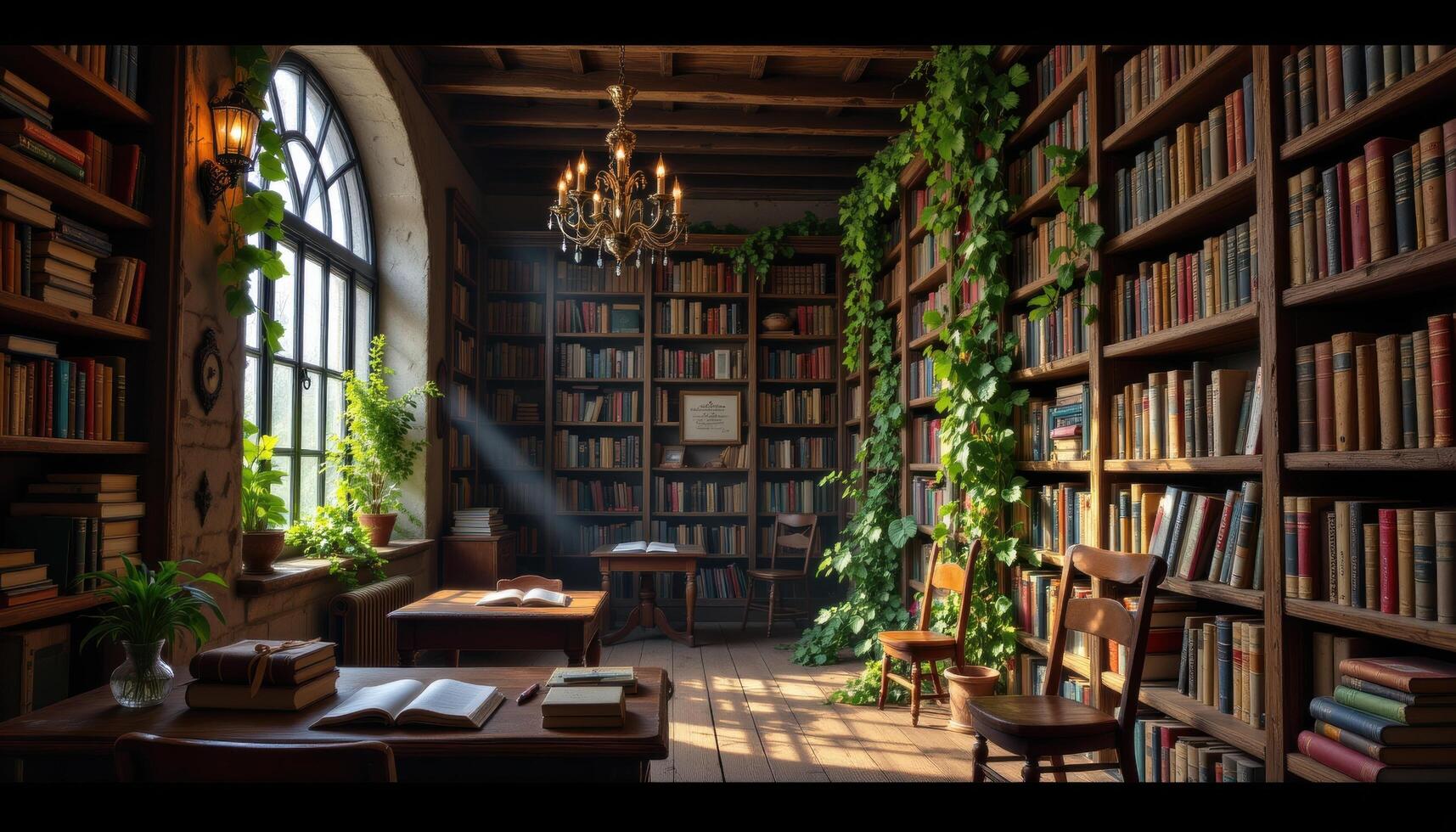 a rustic library filled with old books, crawling vines on shelves, and sunlight entering quietly. photo