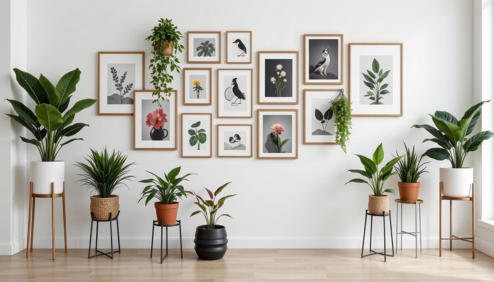a gallery wall surrounded by live decorative plants in elegant stands, with perfect stillness. photo
