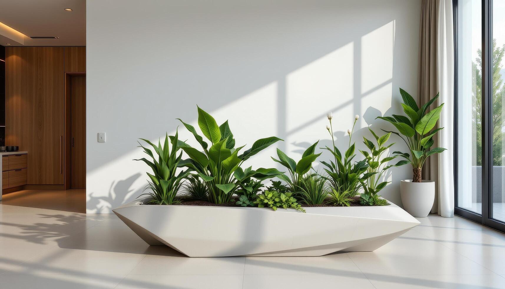 a geometric modern planter setup inside a sleek living space with no distractions or life forms. photo