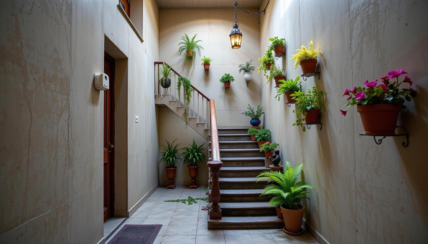 a silent stairwell with potted ferns on every landing and wall mounted planters adding life to an otherwise quiet structure. photo