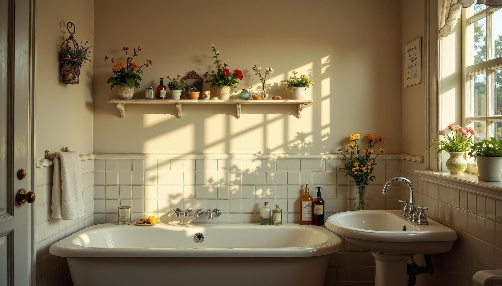 a vintage bathroom with delicate flower arrangements on shelves, soft lighting casting shadows on the walls, entirely lifeless. photo