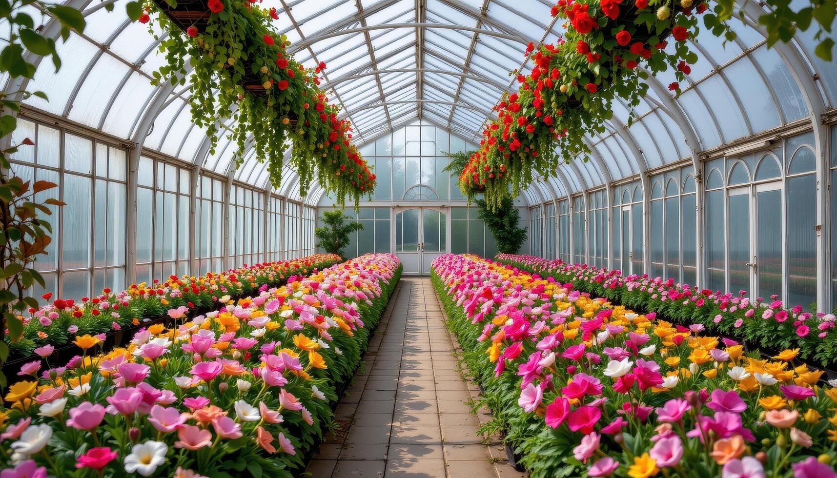 a serene greenhouse with perfectly lined rows of blooming ornamental flowers, framed by arched glass panels and complete silence. photo
