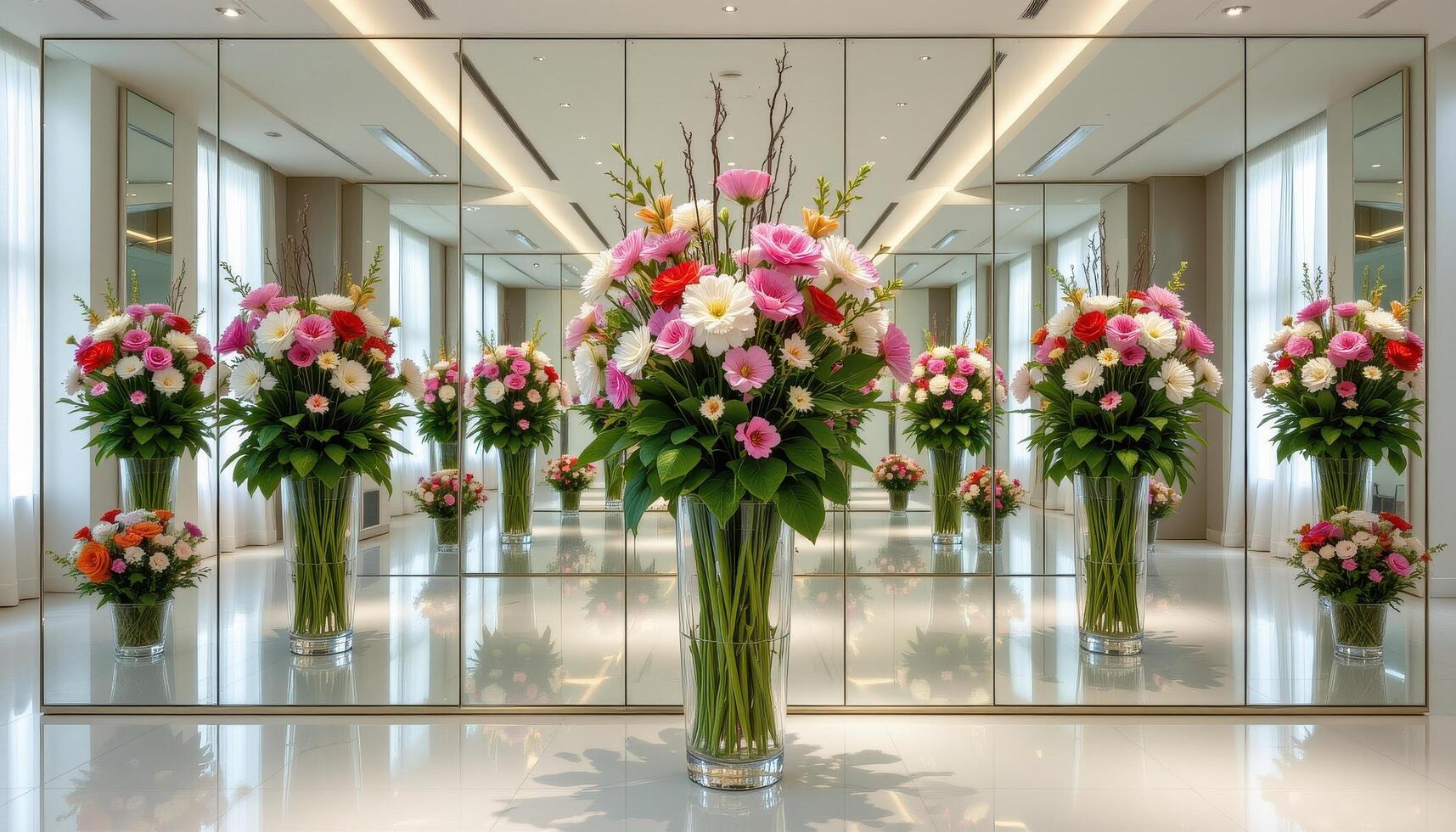 a mirrored wall reflecting large floral arrangements in perfect symmetry, with no other objects in the room. photo