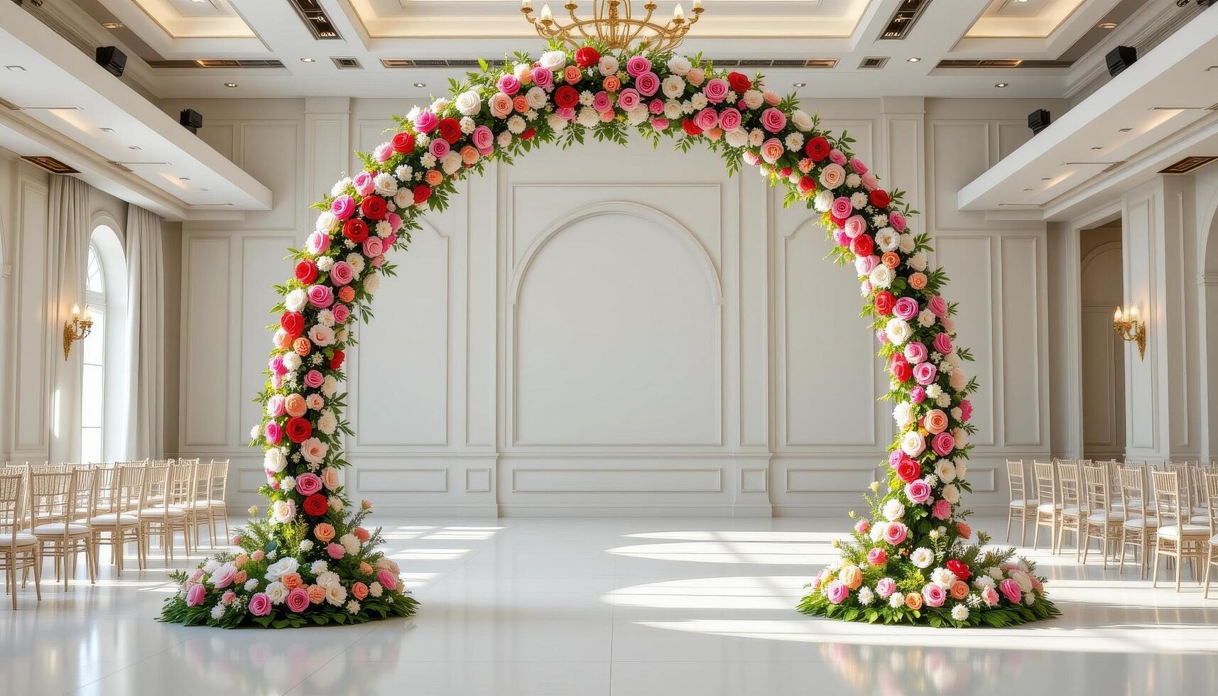a grand archway decorated with fresh flowers in full bloom, placed in a completely empty event hall. photo