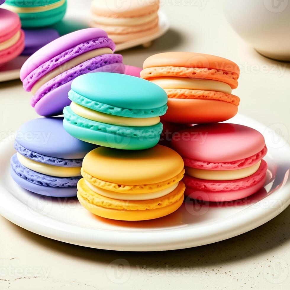 Pile of bright colorful macarons on a white plate photo