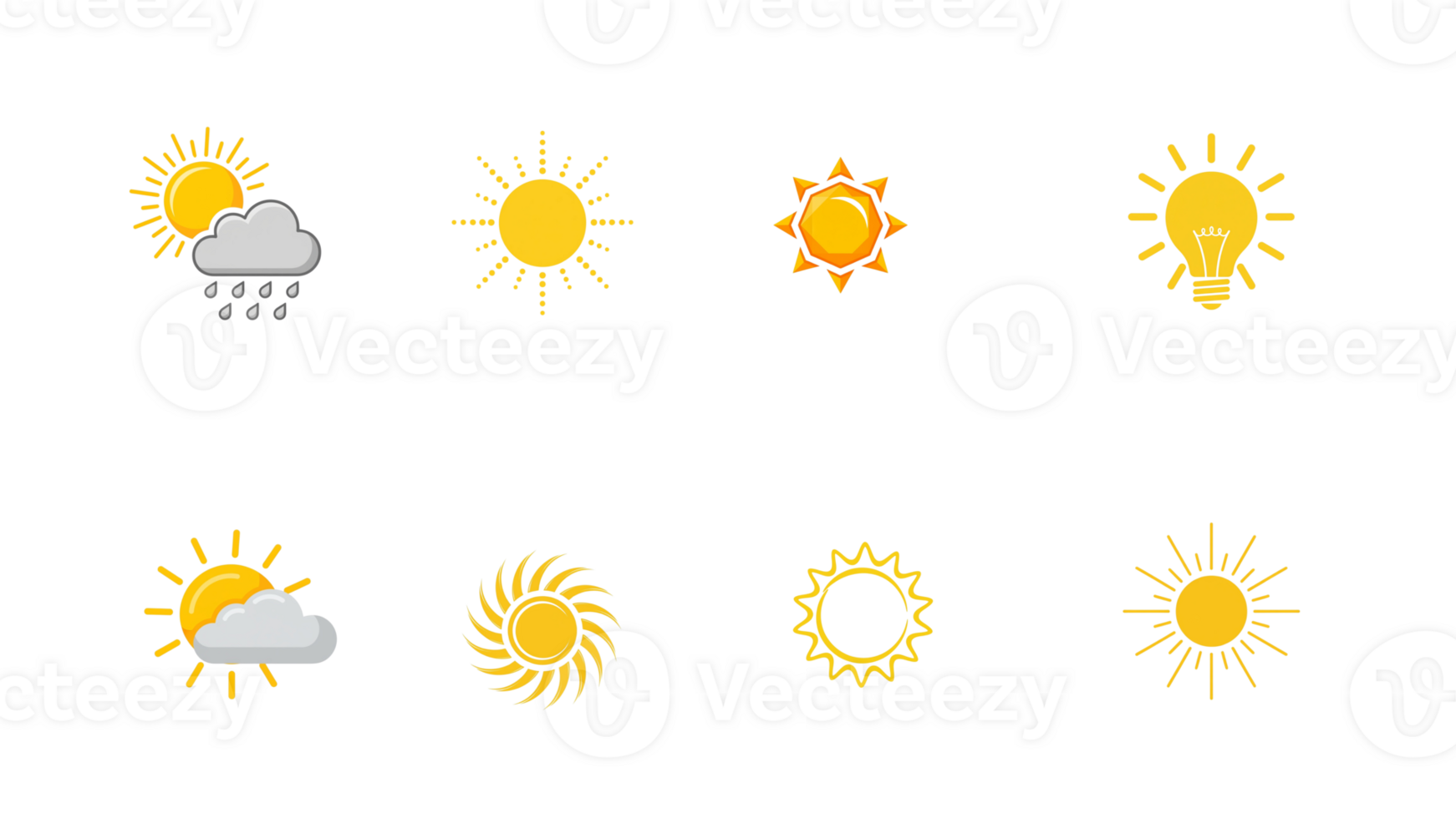 Collection of sun and weather icons, sunny, cloudy, rainy, abstract, plus energy and idea symbols. png