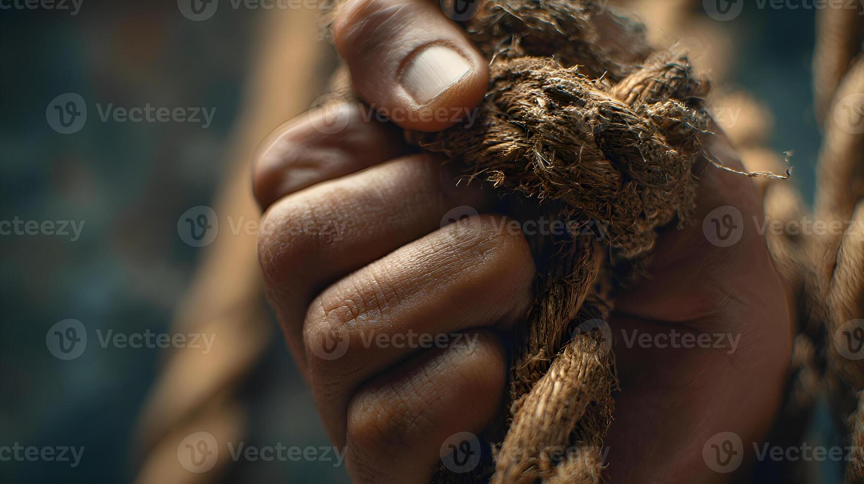 Hand gripping rope symbolizing strength and struggle photo