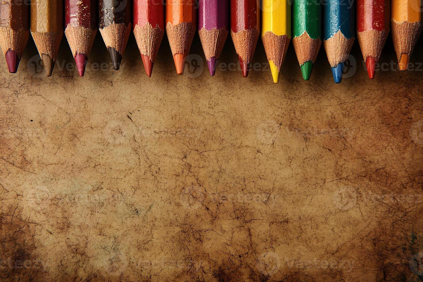 Twelve Colored Pencils on Textured Brown Background photo