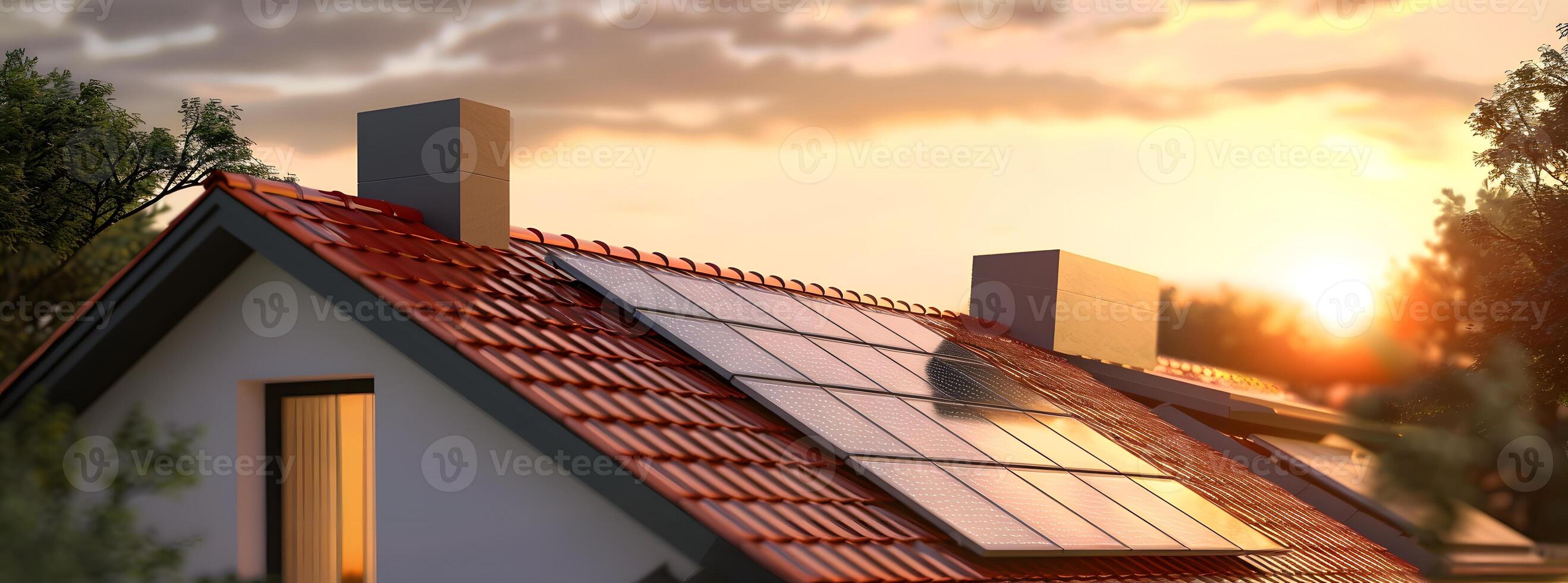 Residential House Roof with Integrated Solar Panels at Sunset photo