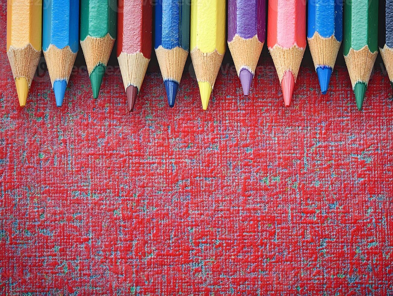 Ten Colored Pencils on Red Textured Surface photo