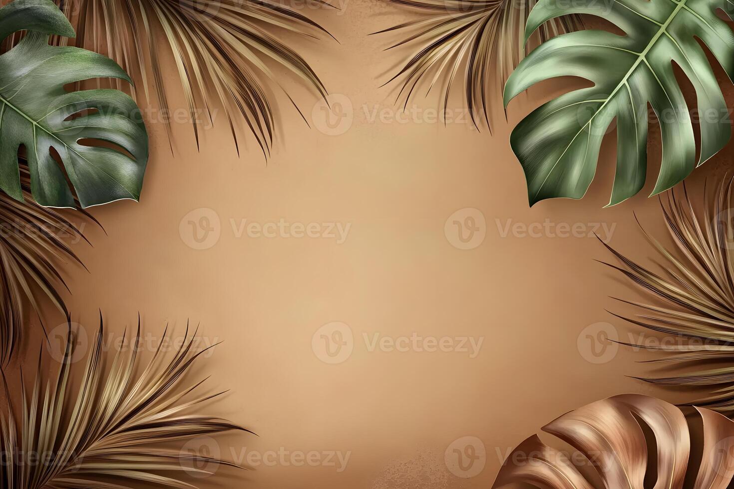 Tan Background with Monstera and Palm Leaves photo