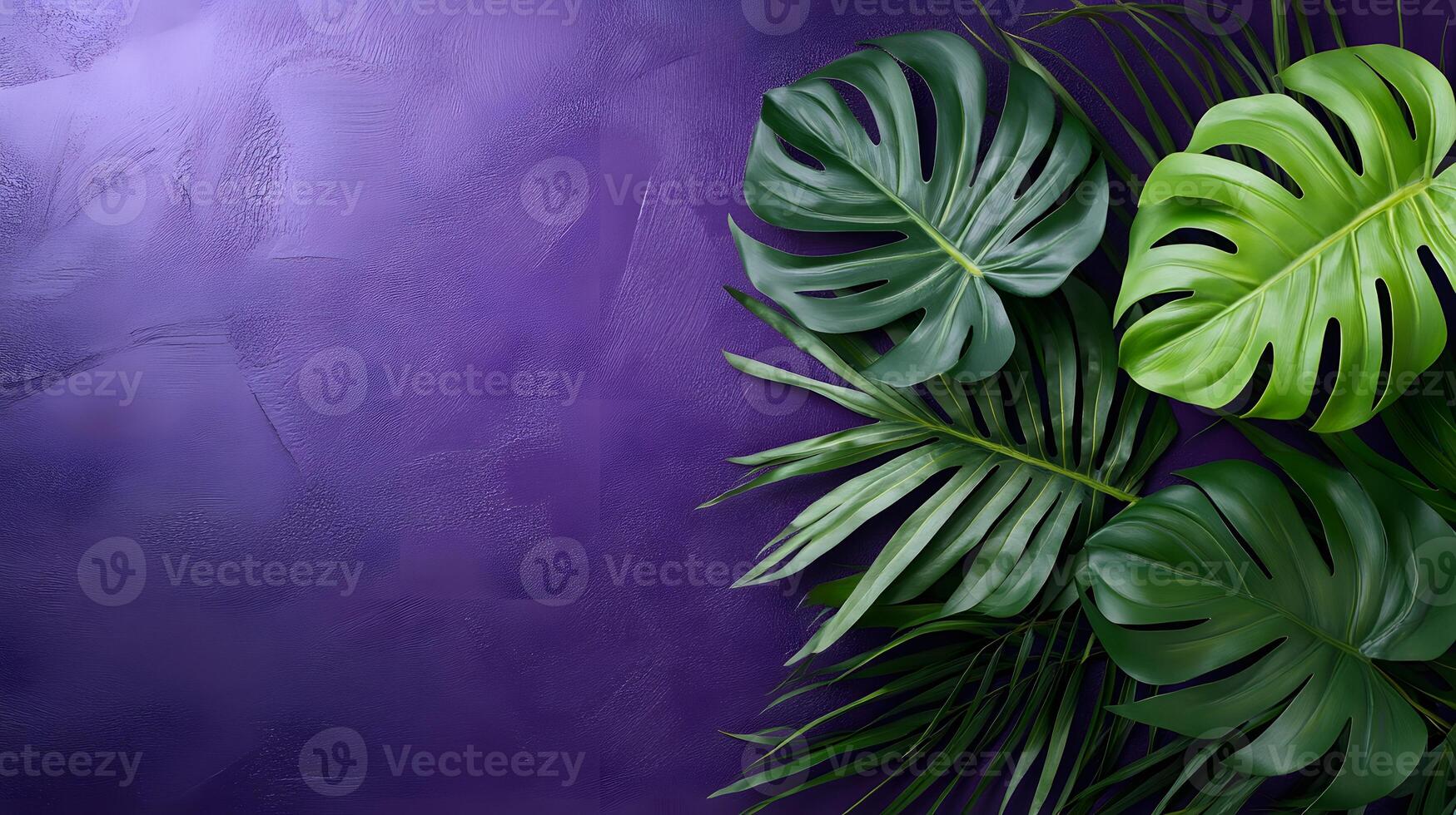Tropical Leaves on Purple Textured Background photo