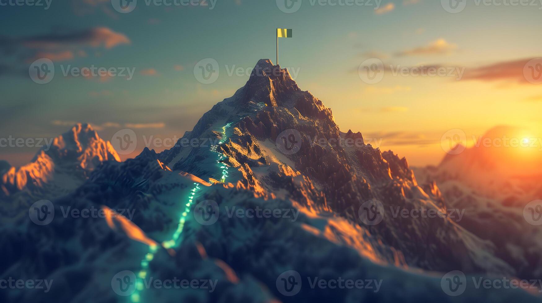 Sunset Mountain Peak with Flag and Illuminated Path photo