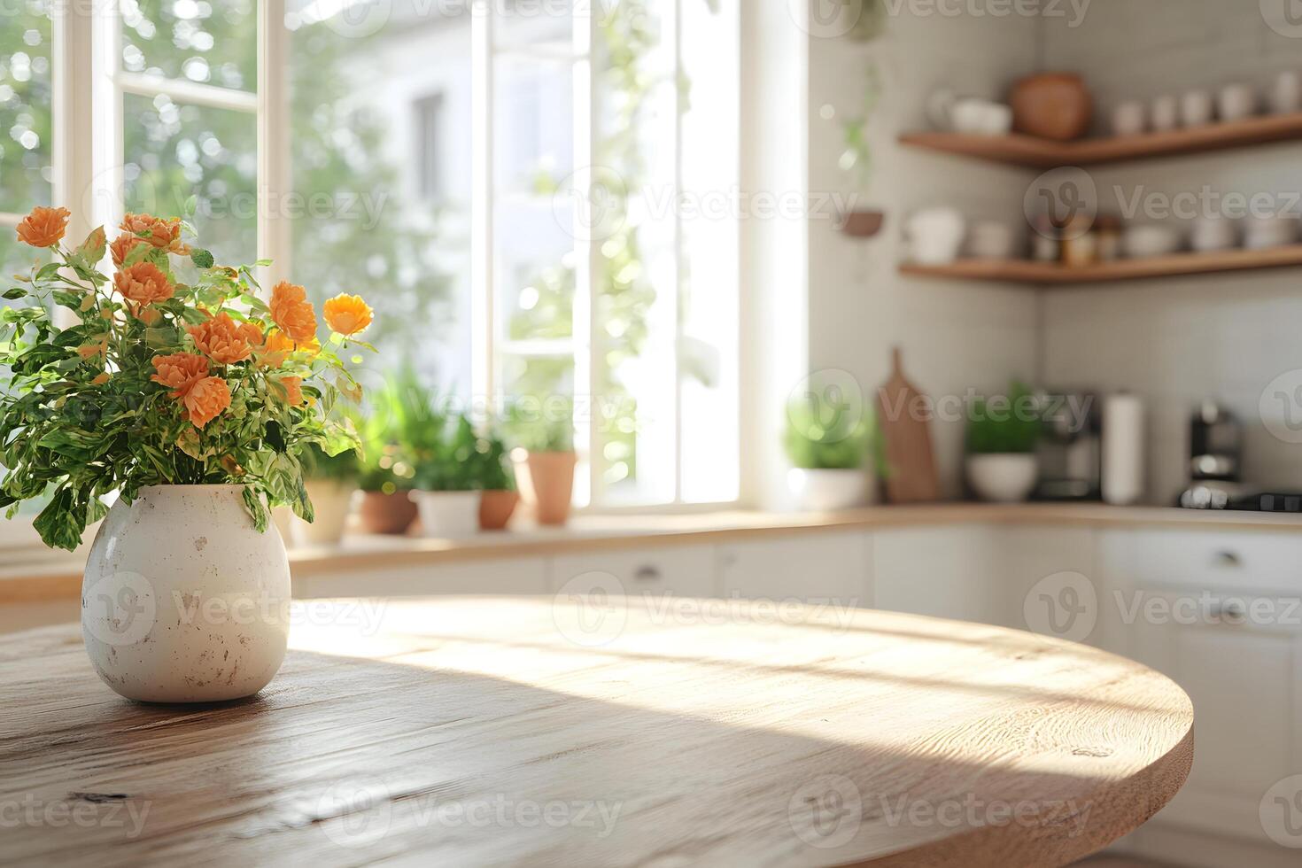 Orange Roses on Kitchen Table with Blurred Background photo