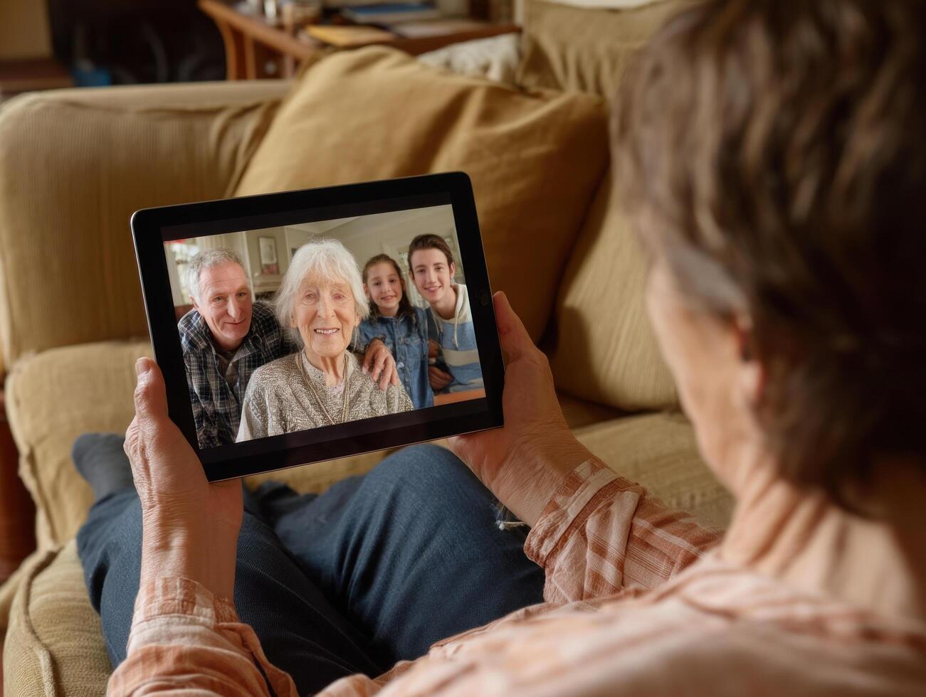 Senior woman calling family digital tablet, sitting couch home, happy elderly people connecting with relatives through technology photo