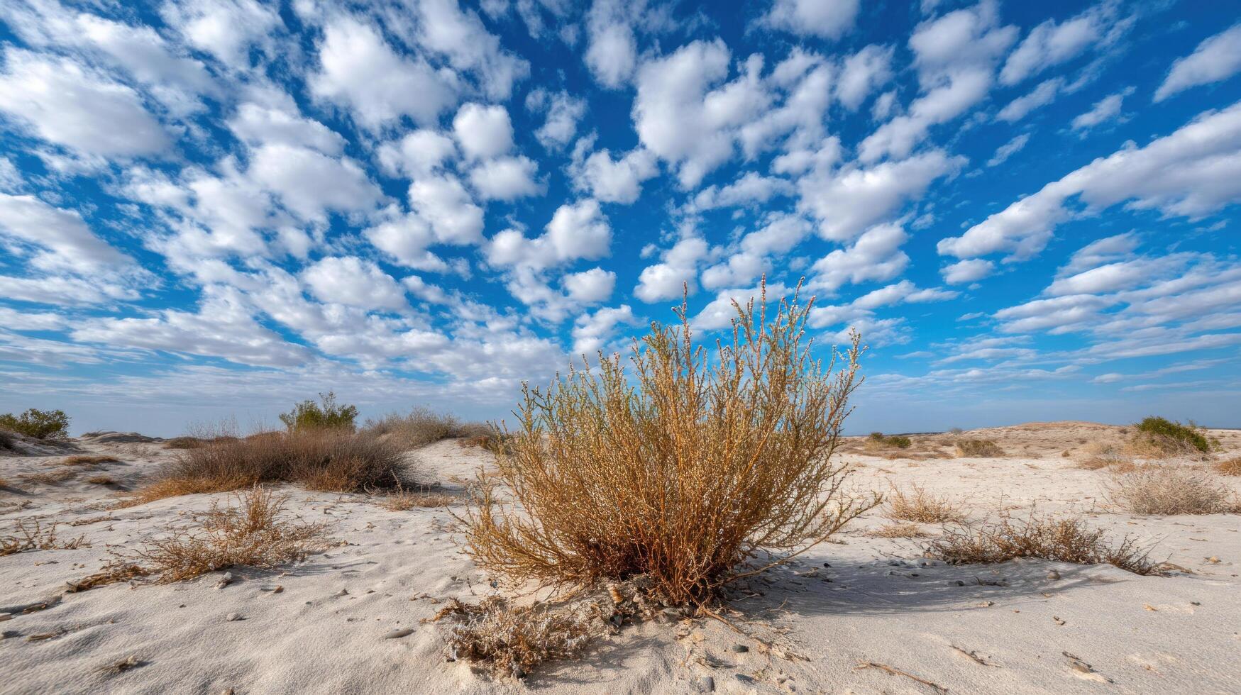 Dry desert bush under bright blue sky with scattered white clouds creating peaceful and open natural landscape scene photo