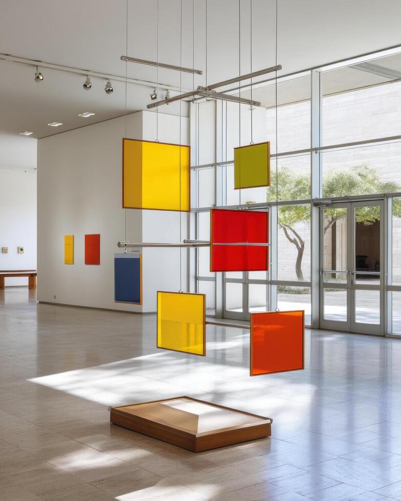 Modern art installation with colorful translucent squares hanging in bright gallery space with large windows and natural light photo