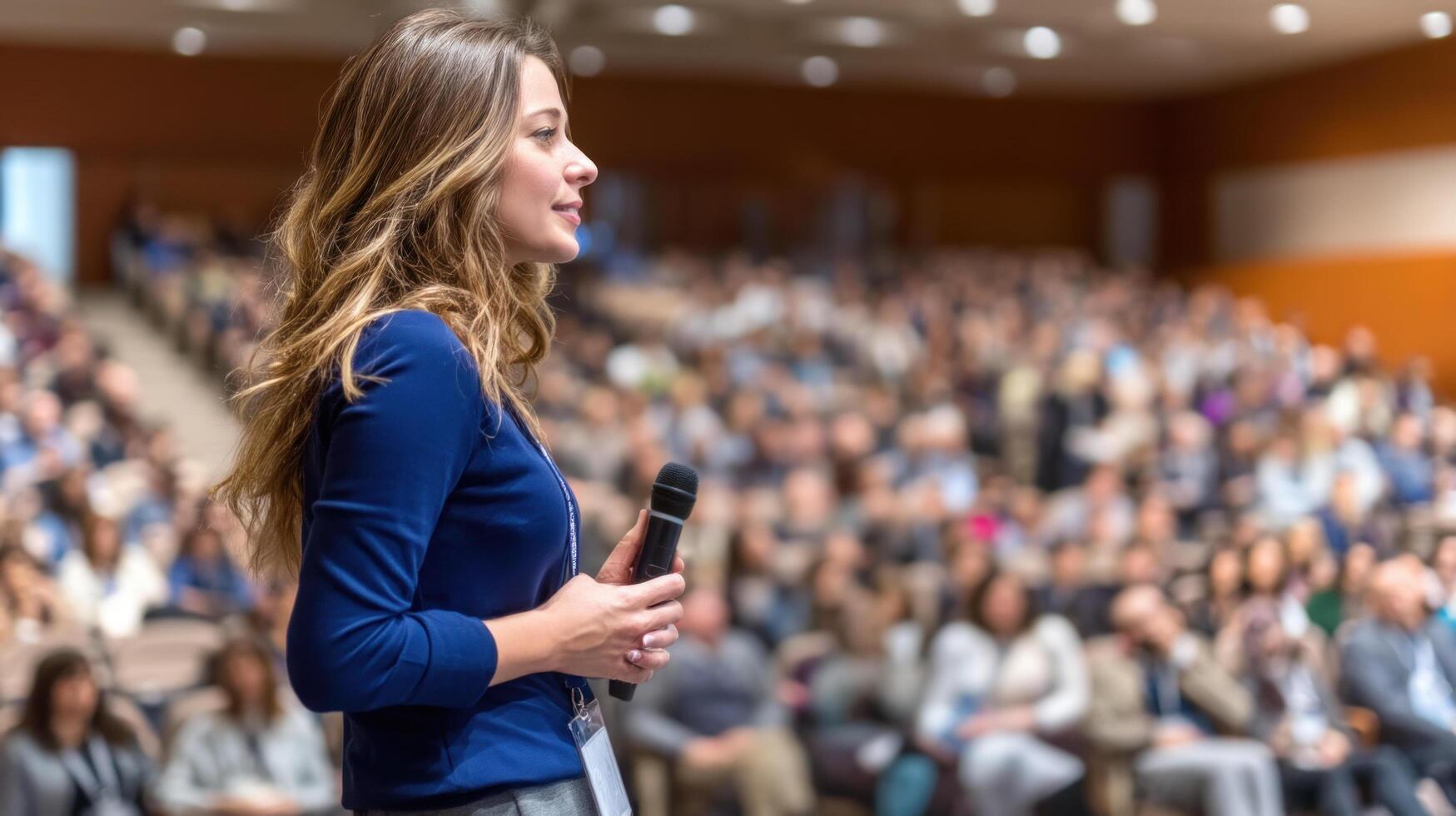 Young woman speaking confidently with microphone in hand during presentation in large conference hall filled with attentive audience members photo