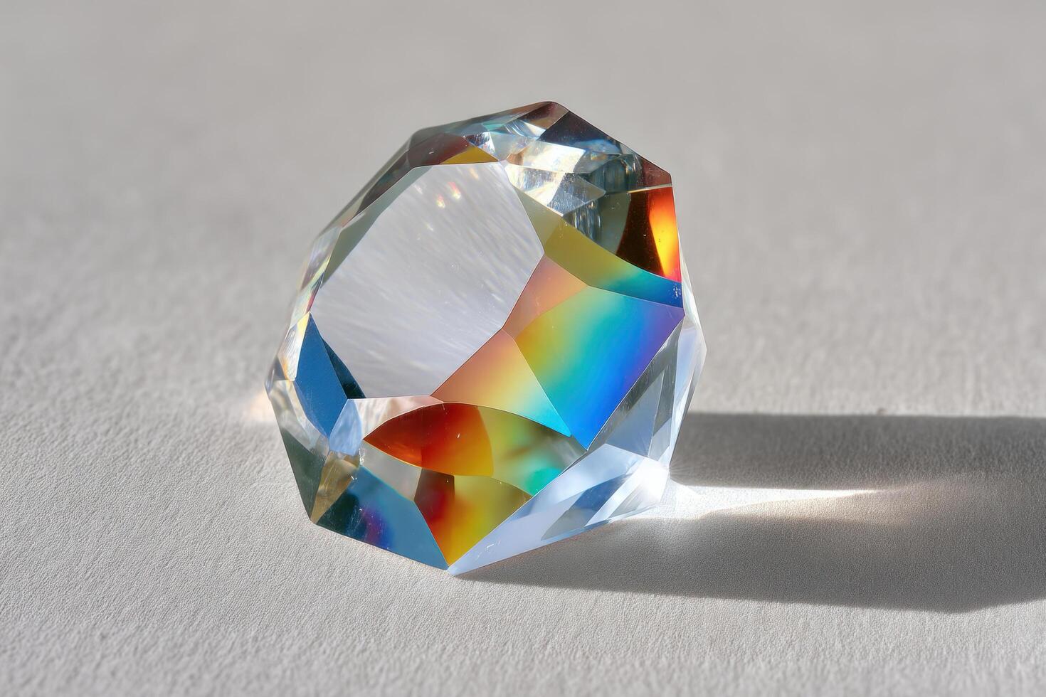 Crystal prism reflecting colorful light spectrum on white surface with soft shadow and bright highlights photo