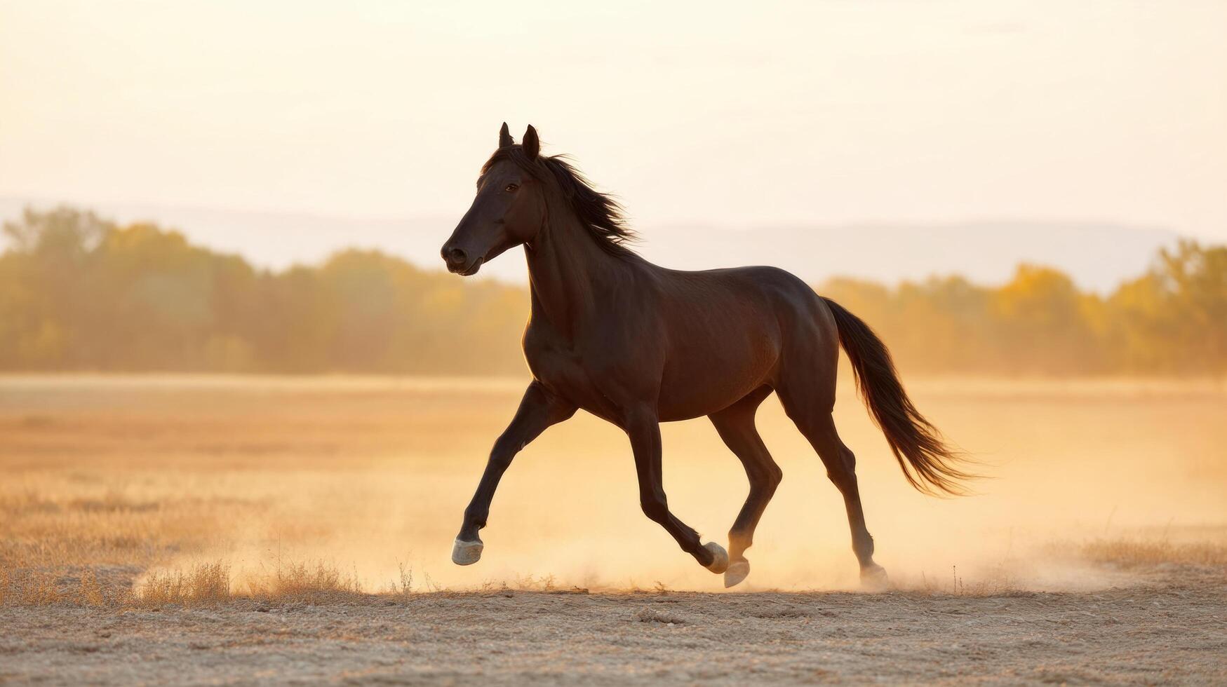 Dark brown horse running on dry field with dust and trees in background during sunset, showing energy and freedom photo