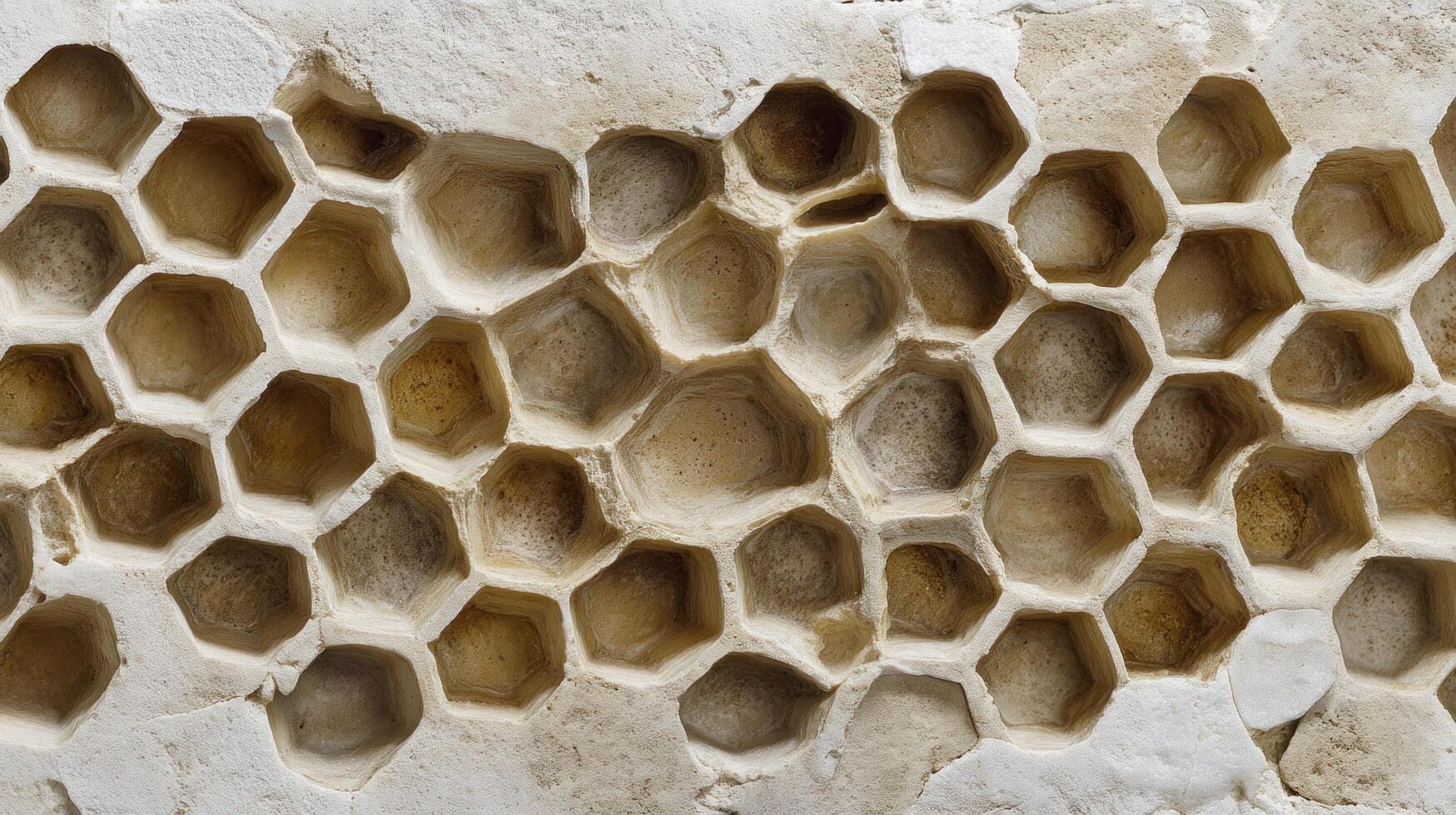 Close up of natural honeycomb structure with hexagonal cells showing warm earthy tones and textured surface photo