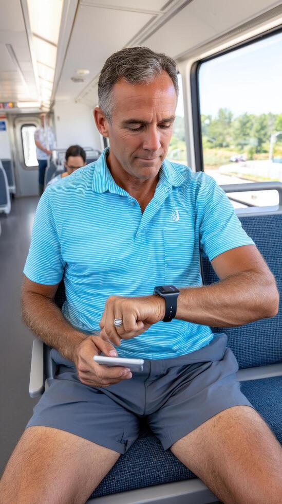 Man wearing blue polo shirt and shorts sitting on train looking at smartwatch with phone in hand, natural light through window, casual travel scene photo