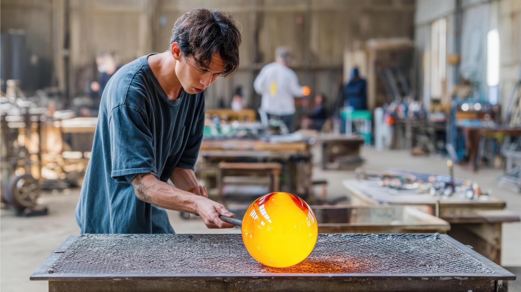 Glassblower shaping molten glass ball in workshop with focused expression and warm glowing light photo