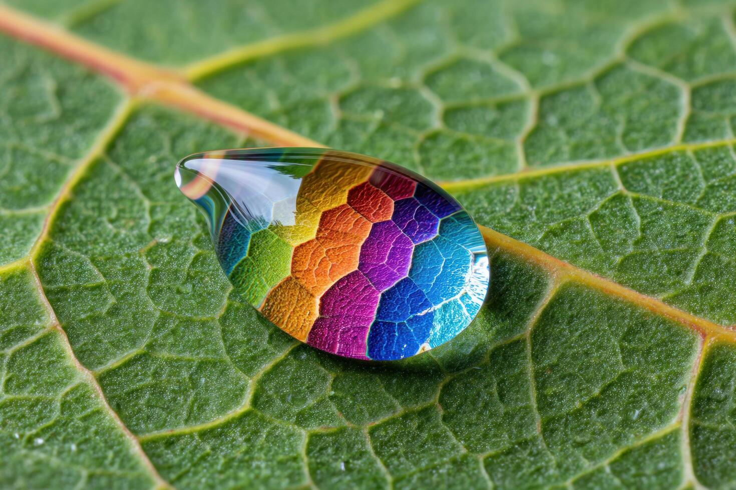 Water droplet on green leaf with colorful reflection showing detailed texture and vibrant natural pattern in close up macro photography photo
