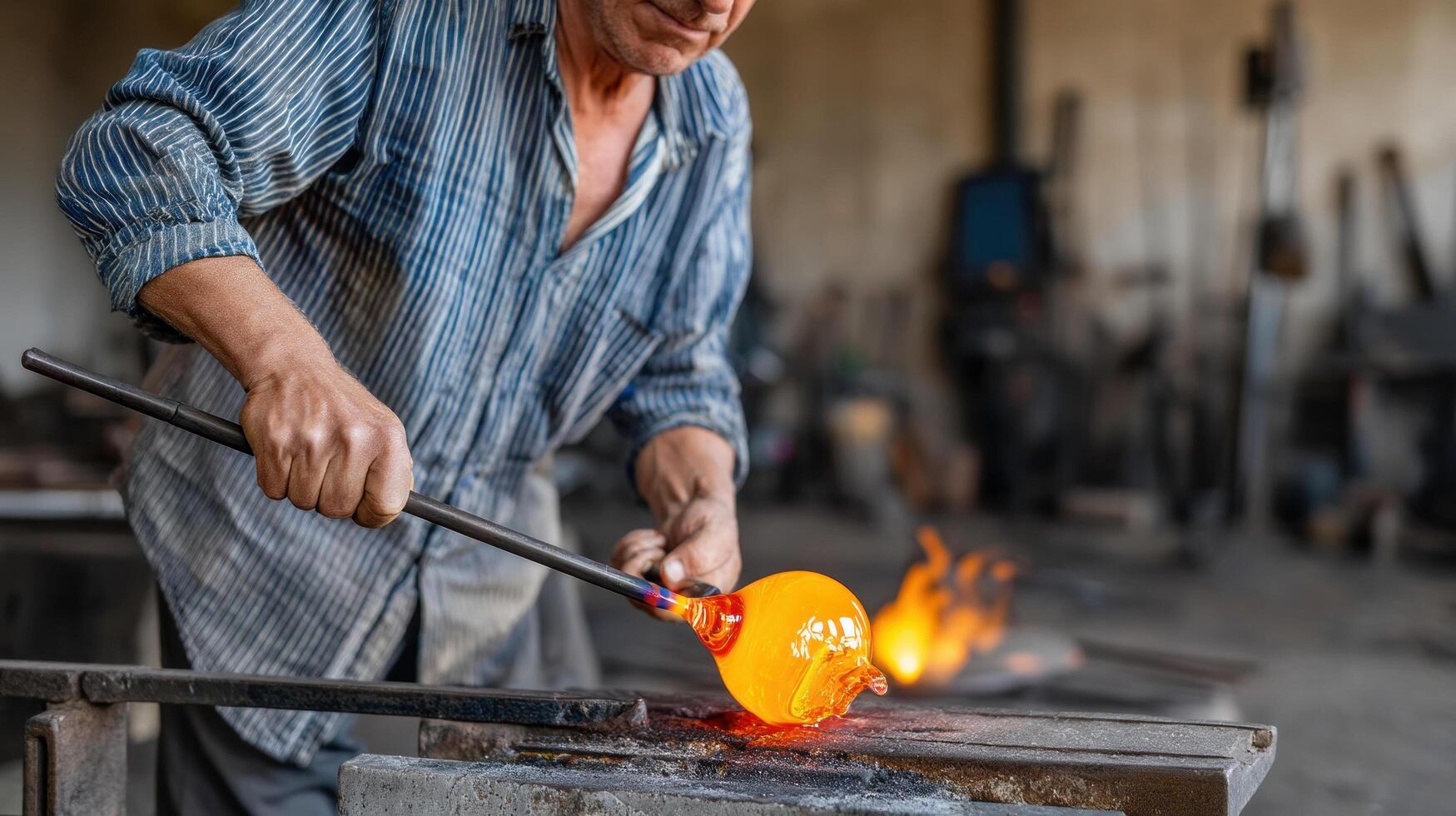 Glassblower shaping molten glass with metal rod in workshop, focused artisan creating glowing orange glass art piece with fire photo