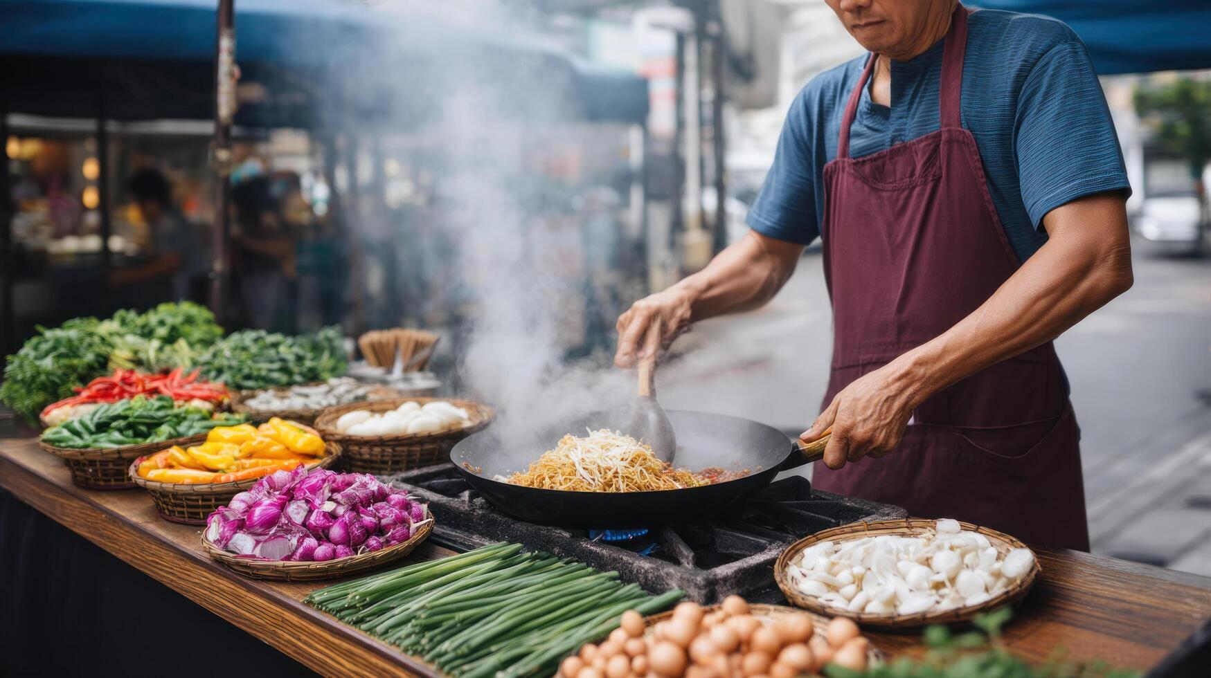 Street food vendor cooking stir fried noodles with fresh vegetables and eggs on outdoor market stall, creating lively and aromatic scene photo
