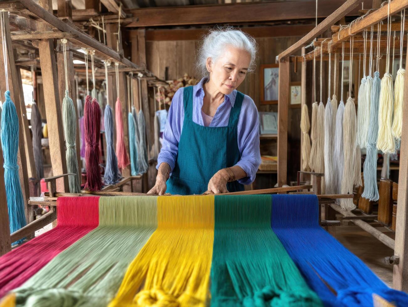 Elderly woman weaving colorful fabric on traditional loom in wooden workshop with hanging yarn skeins, focused on craftwork photo