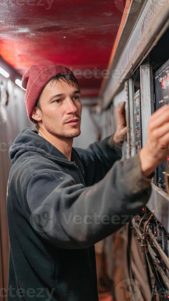 Young man wearing red beanie and dark hoodie working on electrical control panel with focused expression in industrial setting photo
