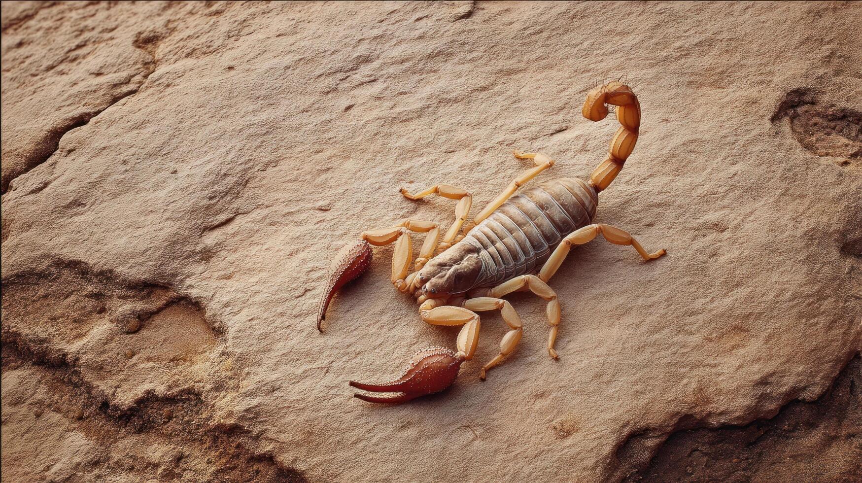 Scorpion on rough desert rock surface with curled tail and large pincers, showcasing natural texture and earthy tones in dry environment photo