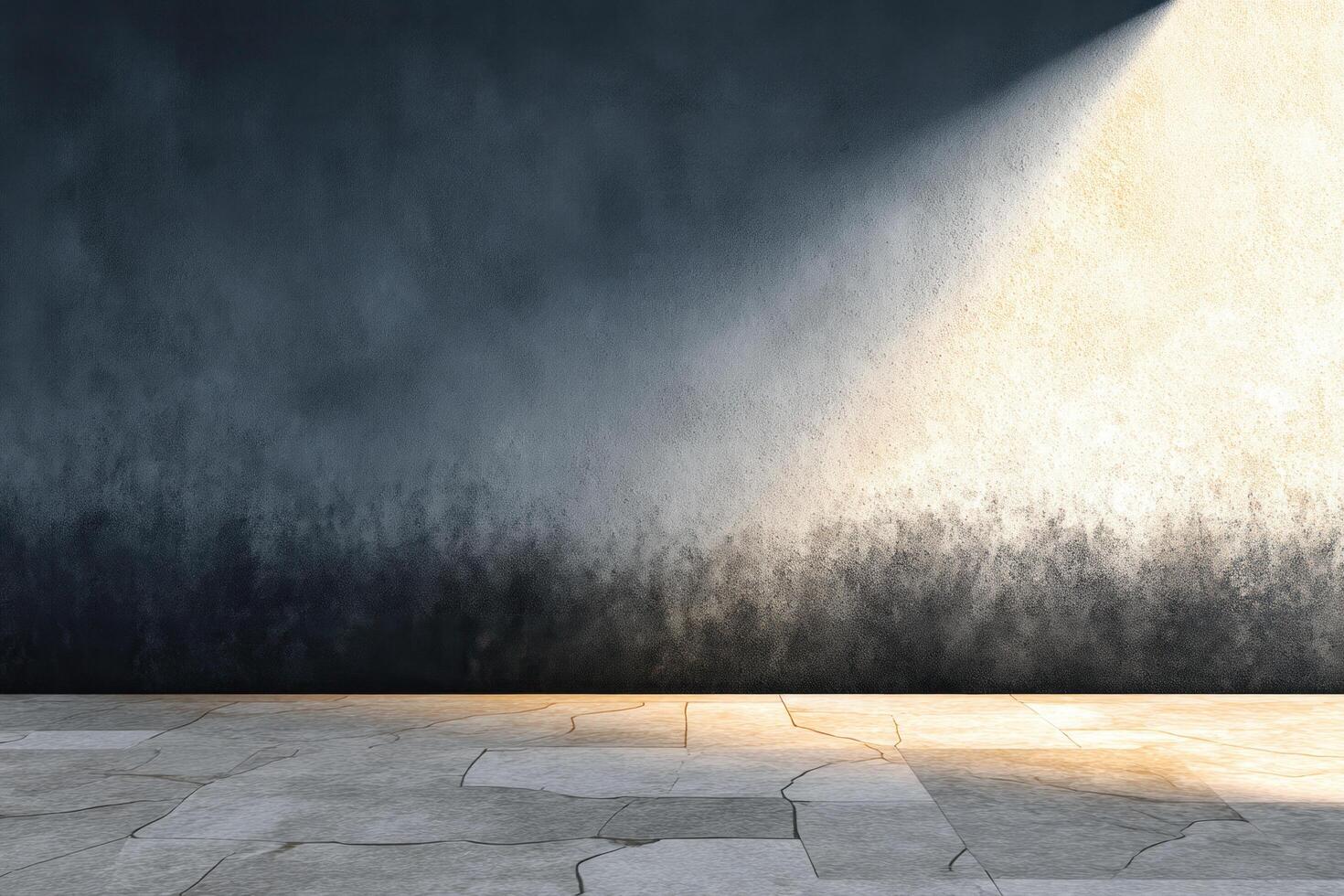 Empty room with cracked stone floor and textured wall illuminated by natural light creating calm atmosphere photo
