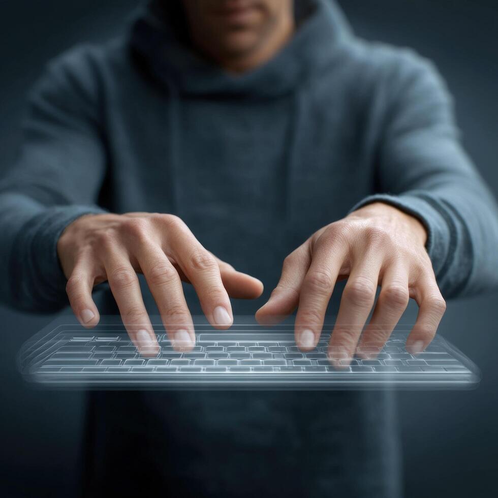 Man typing on transparent virtual keyboard with focused hands and dark background, showing technology and innovation photo