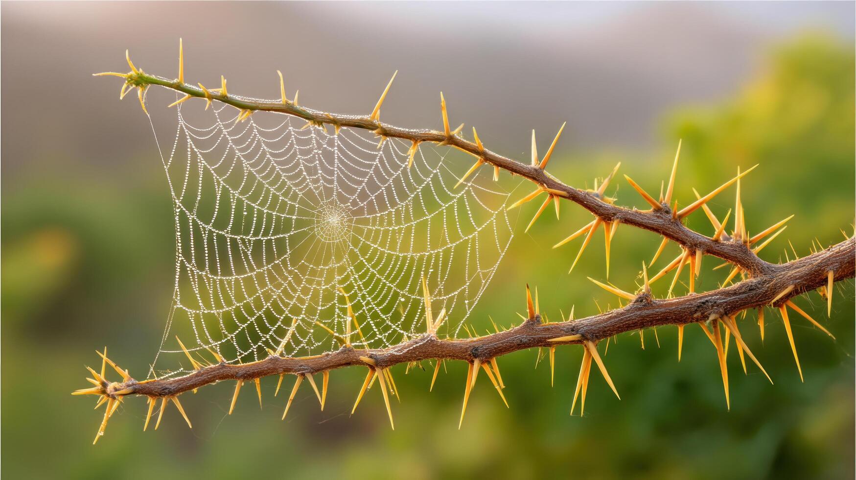 Spider web with dew drops on thorny branch in natural outdoor setting with soft background and warm light photo