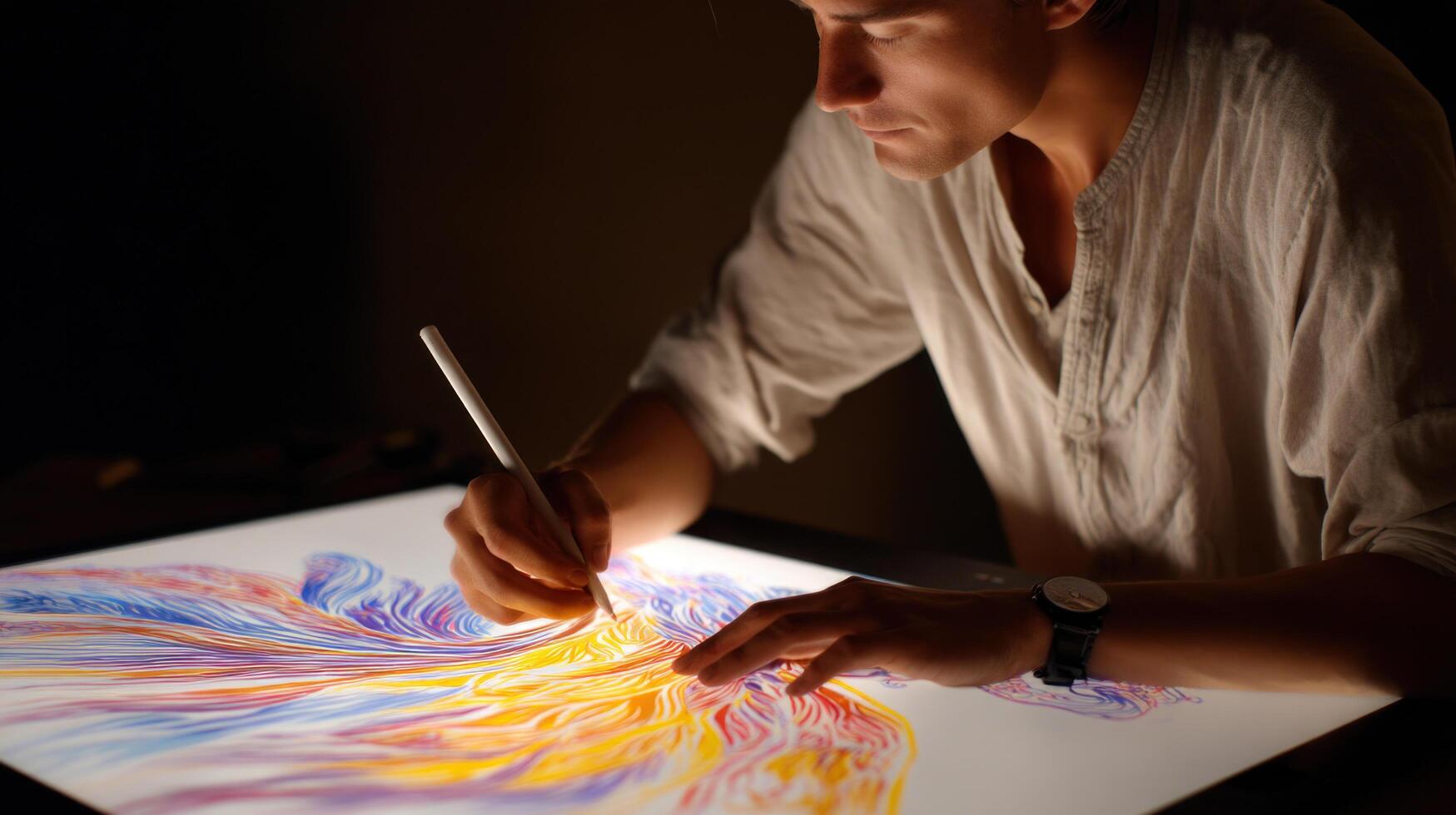 Young man drawing colorful abstract art on illuminated light table with digital pen, focused creative expression in dim light photo
